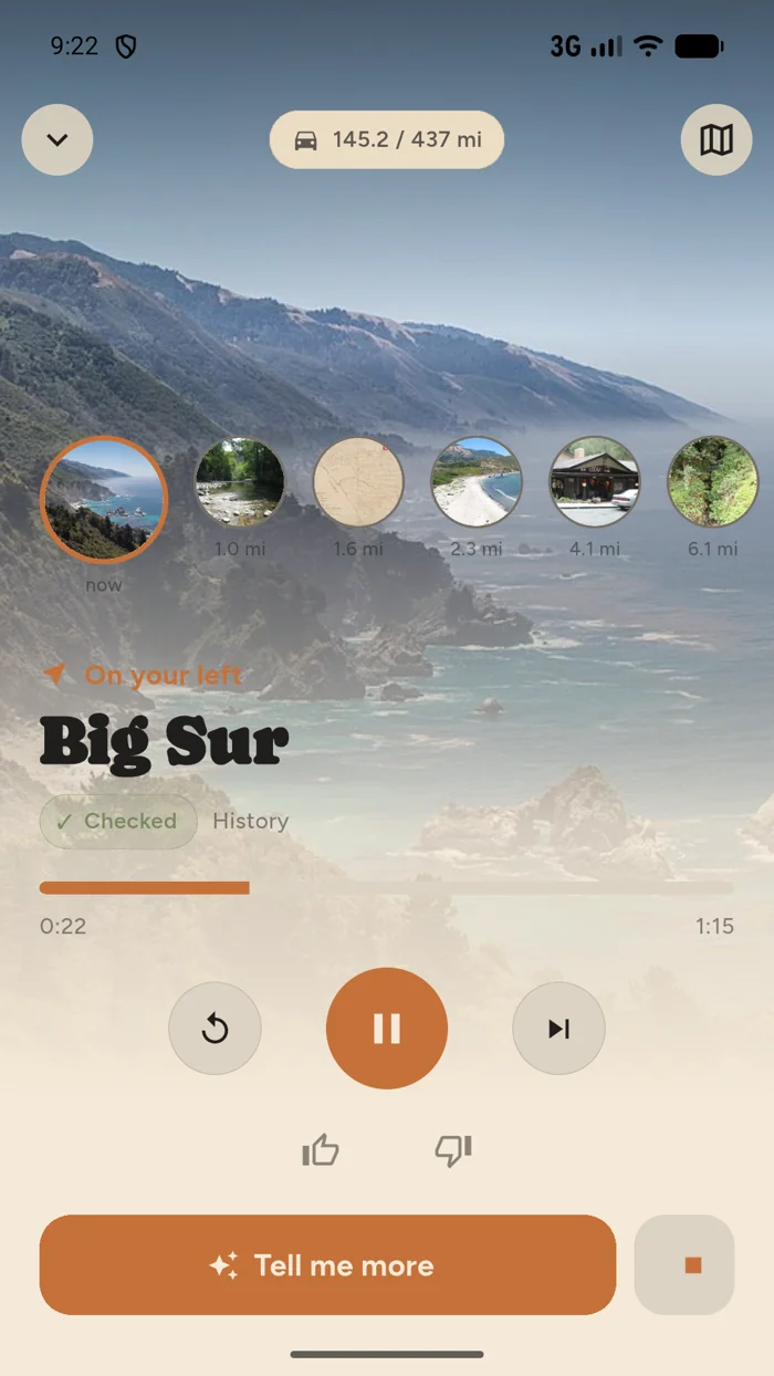 Lorecast's current player showing a Big Sur story, upcoming places and Tell me more