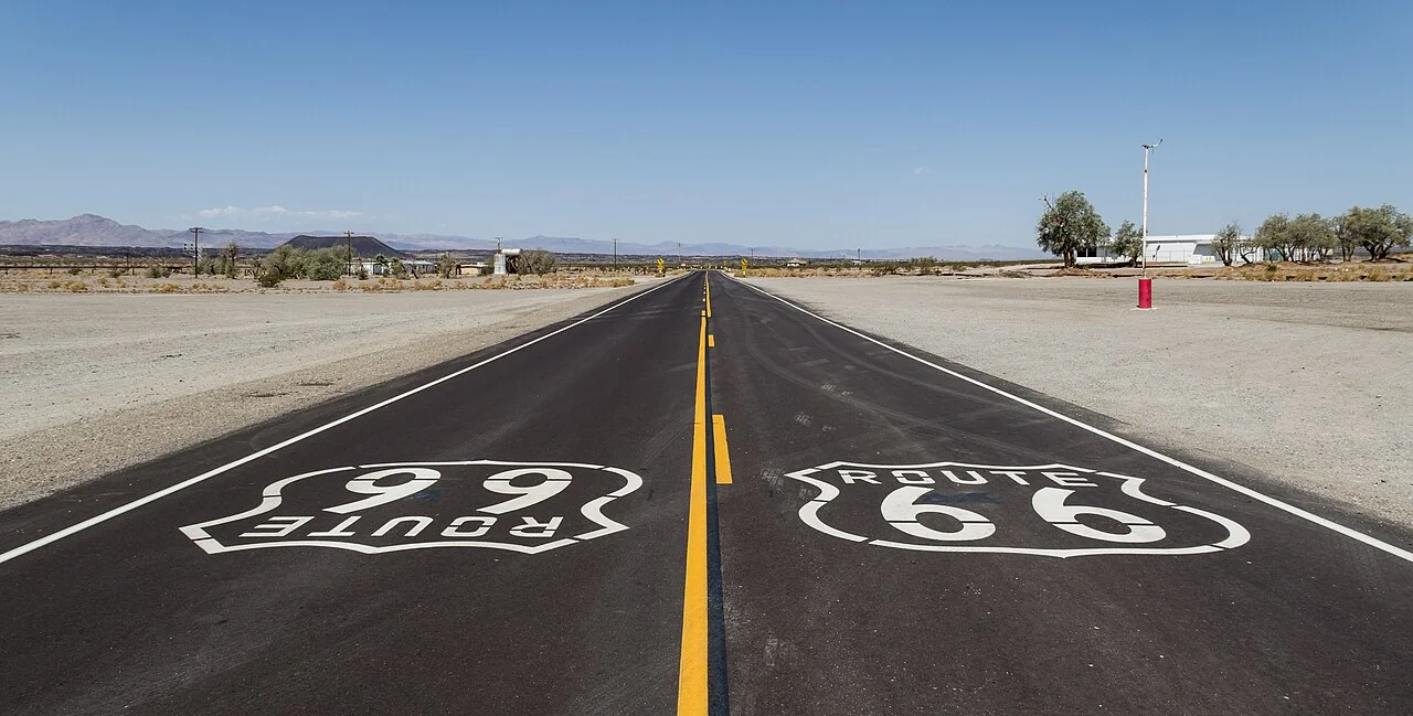 Route 66 shield painted on the historic road in Amboy, California