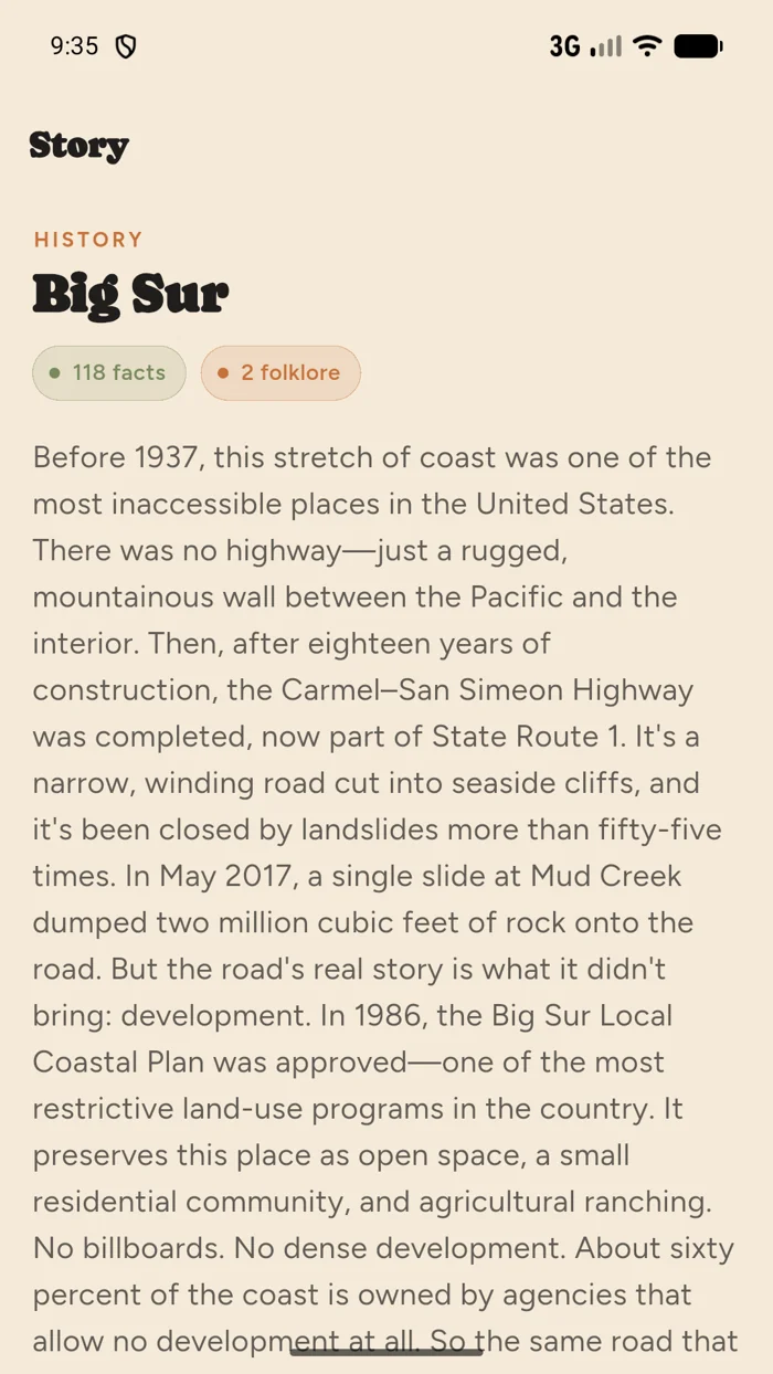 The Big Sur story in Lorecast with separate fact and folklore labels