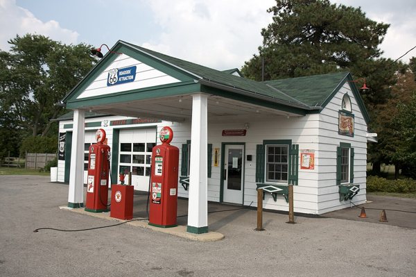 Historic Ambler's Texaco Gas Station with its red pumps in Dwight