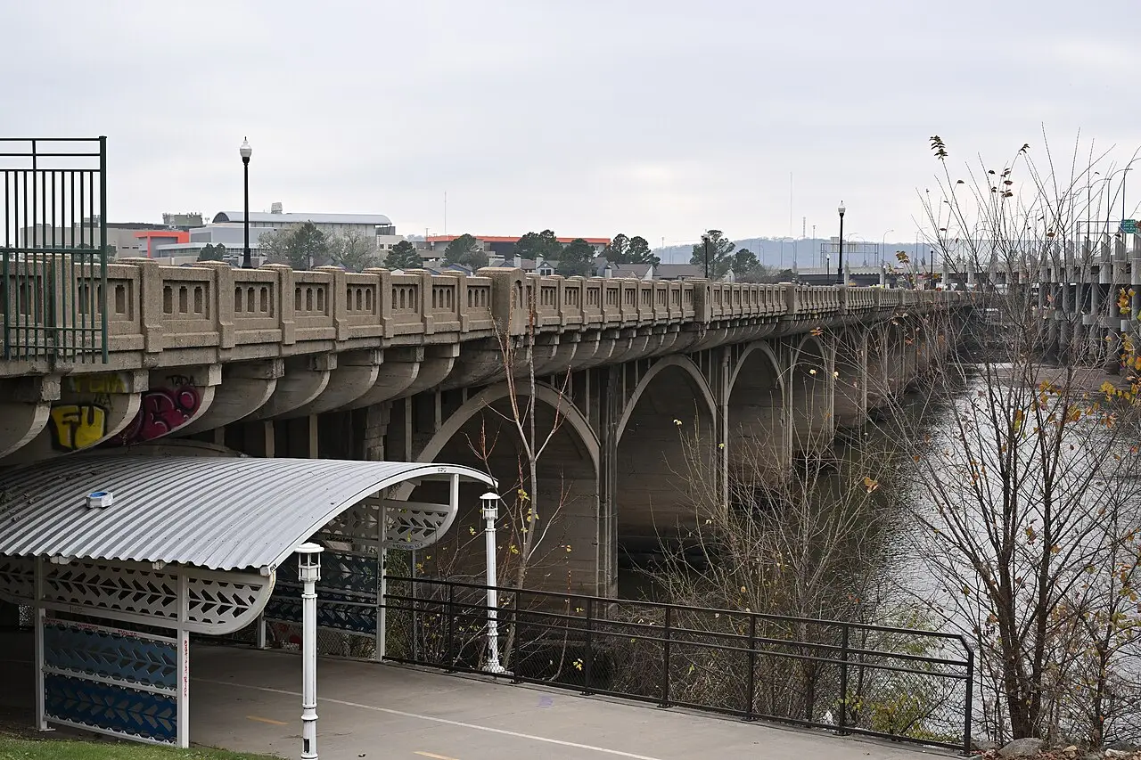 The concrete arches of the 1915 11th Street Bridge, now the Cyrus Avery Route 66 Memorial Bridge, over the Arkansas River in Tulsa