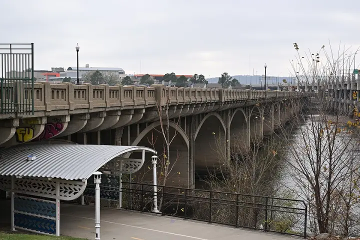 The concrete arches of the 1915 11th Street Bridge, now the Cyrus Avery Route 66 Memorial Bridge, over the Arkansas River in Tulsa
