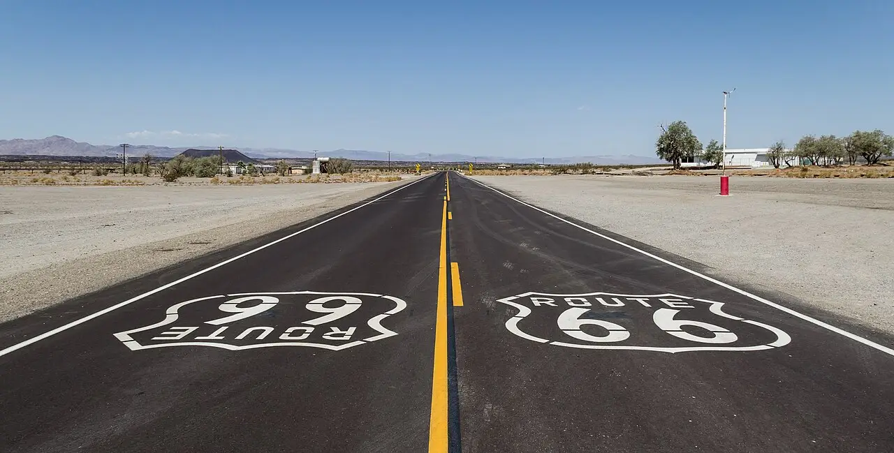 The Route 66 shield painted on the old road near Amboy, California