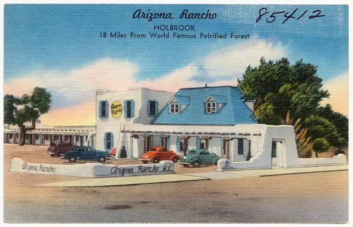 An old linen postcard of the Arizona Rancho in Holbrook
