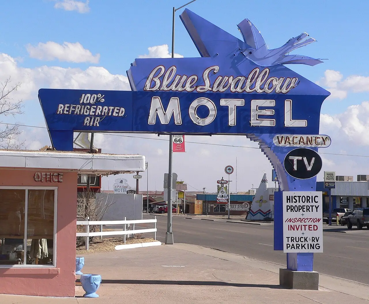 The neon sign of the Blue Swallow Motel on Route 66 Boulevard in Tucumcari