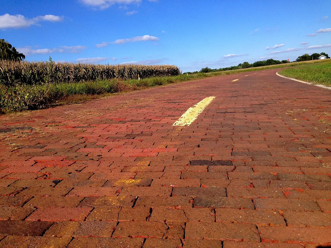 The brick-paved stretch of original Route 66 north of Auburn, Illinois