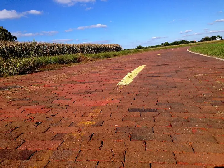 The brick-paved stretch of original Route 66 north of Auburn, Illinois