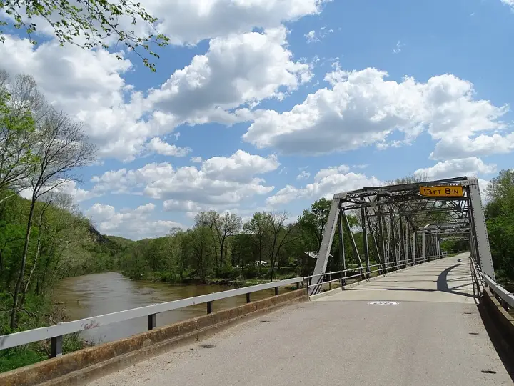 The steel truss bridge on the original Route 66 over the Big Piney River at Devils Elbow, Missouri