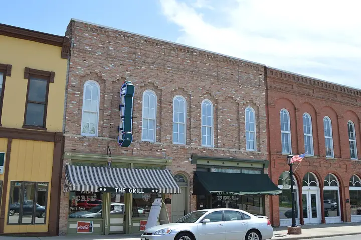 The 1867 Downey Building, home of the Palms Grill Cafe, in Atlanta, Illinois