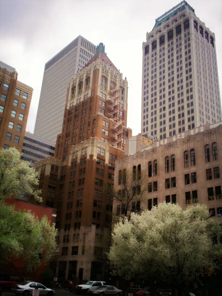 The Philtower Building and its sloping tiled roof in downtown Tulsa