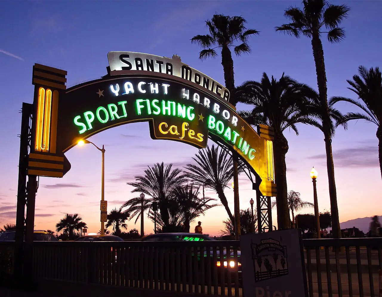 The entrance to the Santa Monica Pier at evening