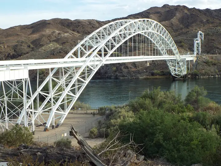 The steel arch of the Old Trails Bridge over the Colorado River at Topock